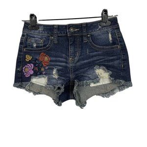 Zco Jeans Premium Indigo Denim Women Size 0 Distressed Floral Embroidered Shorts
